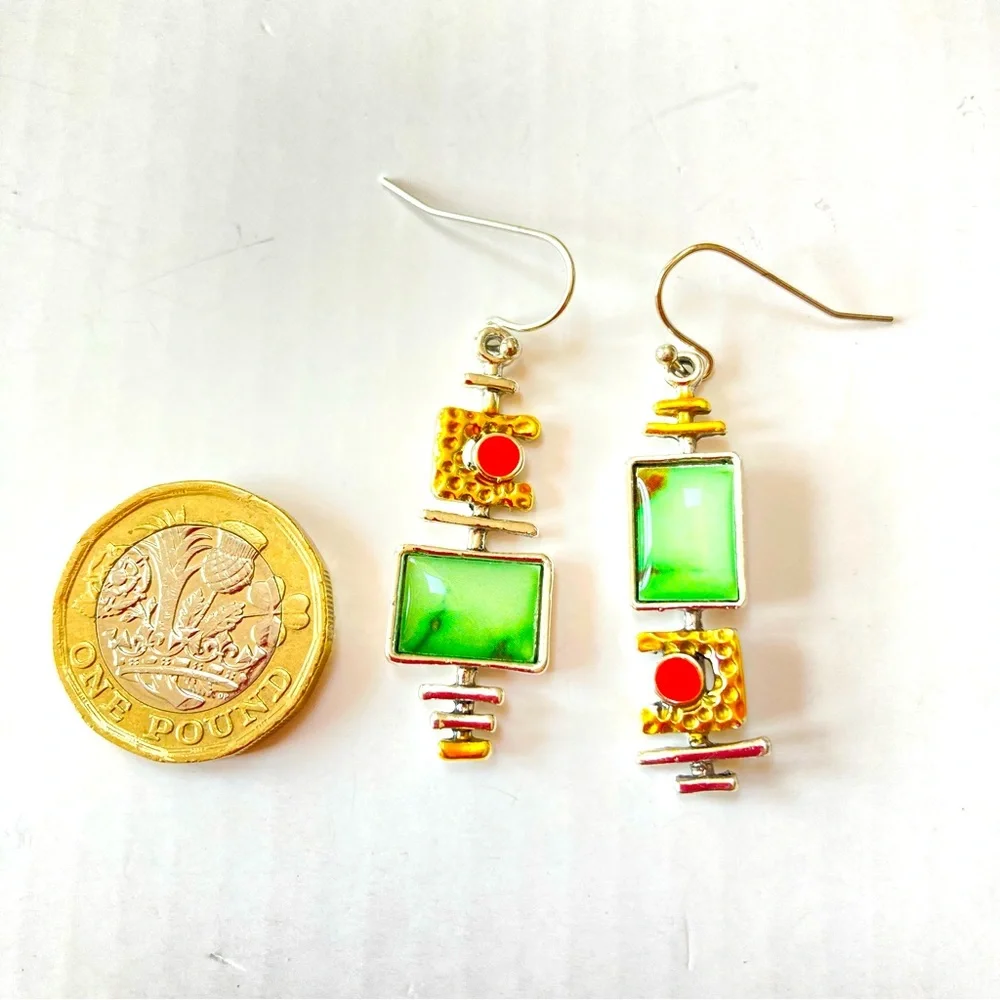 BNWT Green Onyx Marble Effect Geometric Silver Back Earrings - Chic & Versatile - Picture 2 of 10